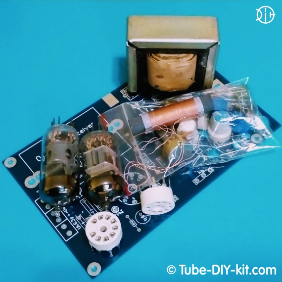 Set of parts of two vacuum tubes medium wave AM tuned RF receiver with a grid or regenerative detector