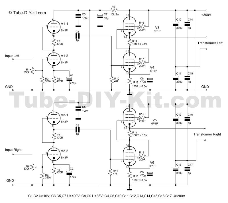 Circuit of DIY kit SRPP stereo low frequency amplifier on affordable tubes
