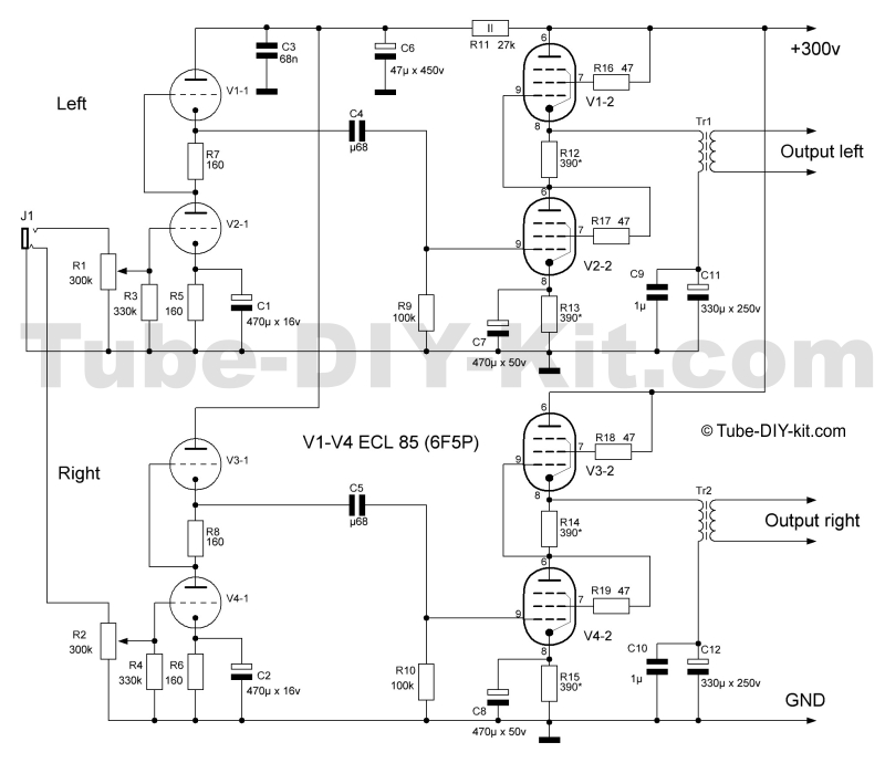 Circuit of DIY kit tube SRPP stereo low frequency amplifier for computer