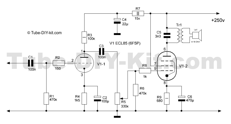 Circuit of tube DIY kit class A low frequency amplifier with 3W output power