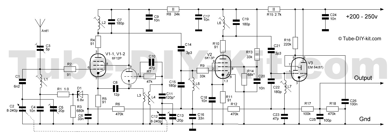 Circuit of DIY kitradio-frequency unit AM superheterodyne receiver on 3 vacuum tubes