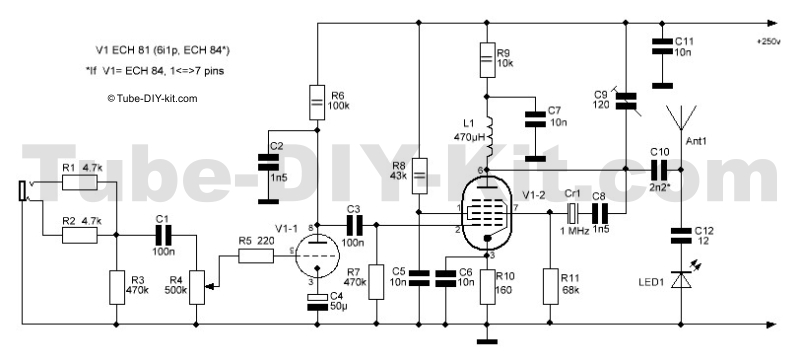 Circuit of DIY kit AM modulator and low power transmitter on vacuum tube
