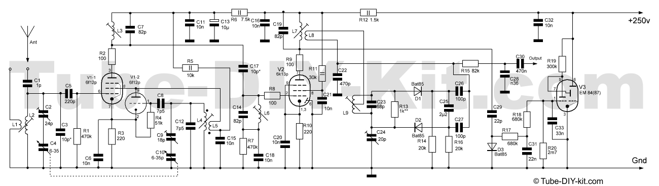 Circuit of DIY kit radio-frequency unit FM superheterodyne receiver on 3 vacuum tubes