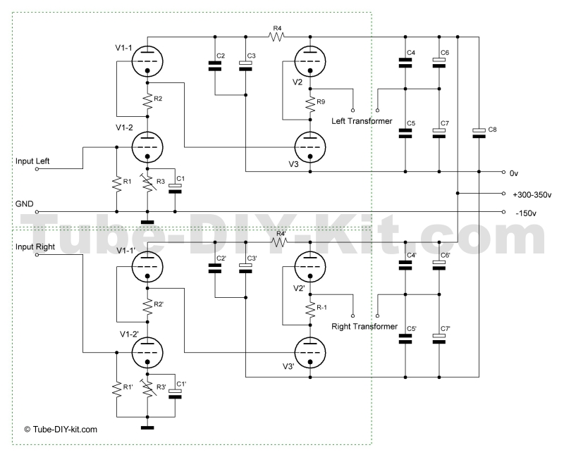 Схема лампового стерео Hi-End усилителя низкой частоты из двух блоков радиоконструктора