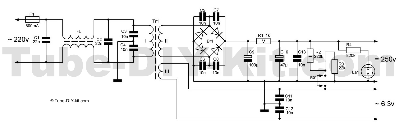 Circuit of DIY kit power supply for vacuum tubes circuits with an EMI filter