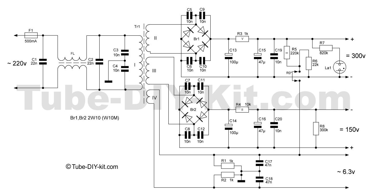 Circuit of DIY kit power supply for tube SRPP amplifiers with EMI filter