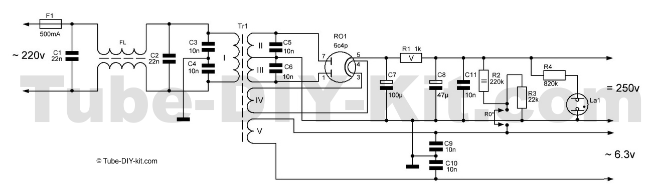 Circuit of DIY kit rectifier power supply for vacuum tubes circuits