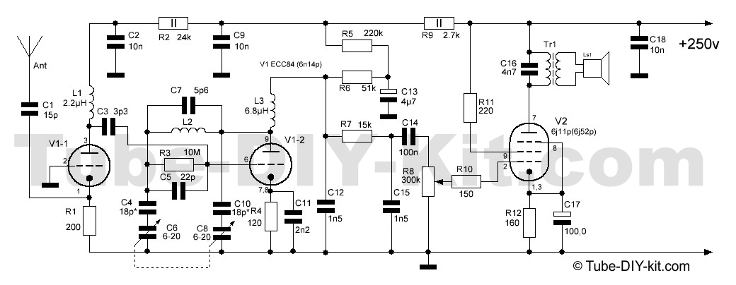 Circuit of DIY kit two vacuum tubes FM radio receiver with a super-regenerative detector