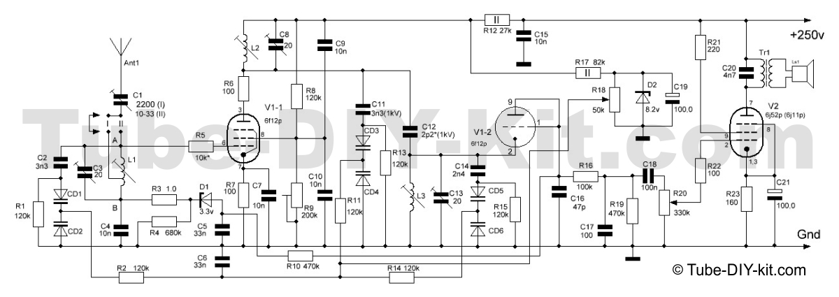 Circuit of a complicated version of a two vacuum tubes medium wave AM tuned RF receiver 1-V-1