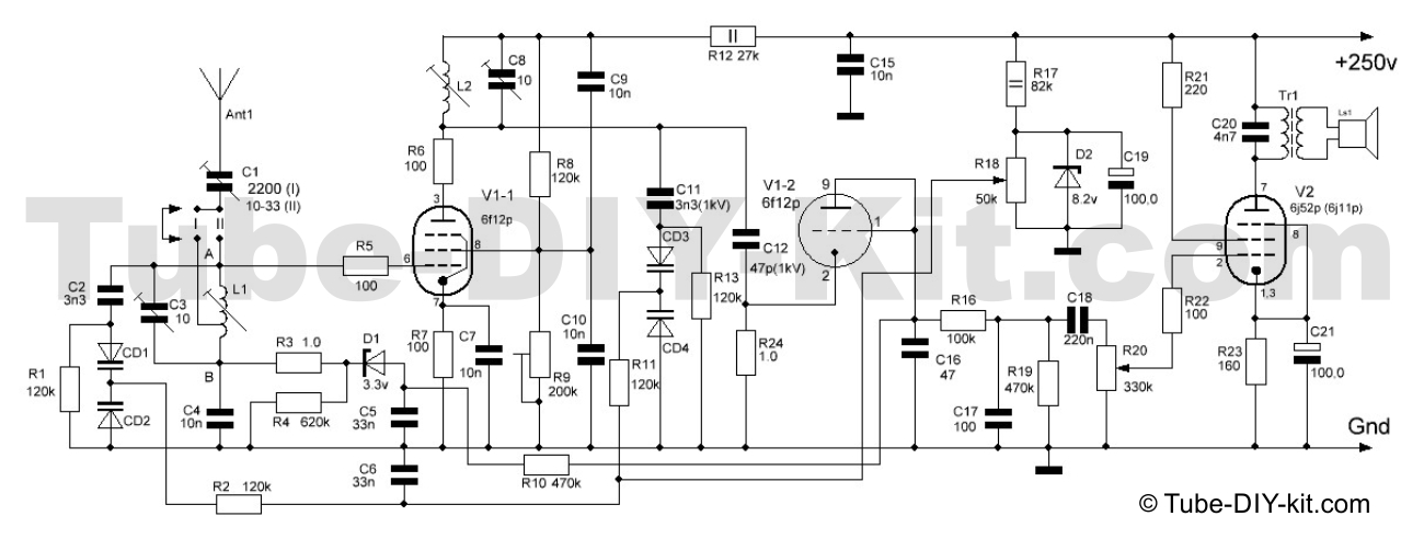 Circuit of a simplified version of a two vacuum tubes medium wave AM tuned RF receiver 1-V-1
